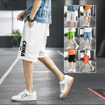 FINDSENSE X  男生針織運動褲五分褲印花沙灘短褲寬鬆五分褲