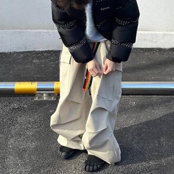 美式高街nonnod風格褶皺側拉鏈多口袋闊腿工裝褲Cargo喇叭拖地褲