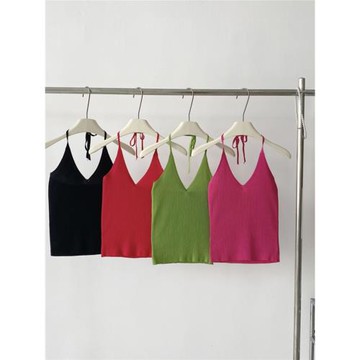 2023女夏季新款時尚法式復古針織掛脖V領性感無袖吊帶背心上衣女