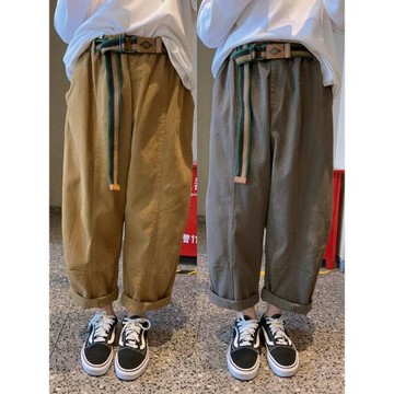 男童褲子秋冬款童裝親子裝小學生男孩寬松洋氣腰帶休閑褲秋裝長褲