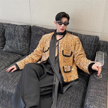 走秀款網紅時尚金色亮片夾克男潮牌設計感小香風夜店蹦迪炸街外套