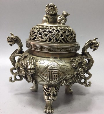 古玩銅器白銅黃銅鍍銀大號貔貅香熏爐擺件盤香檀香爐家居日用收藏