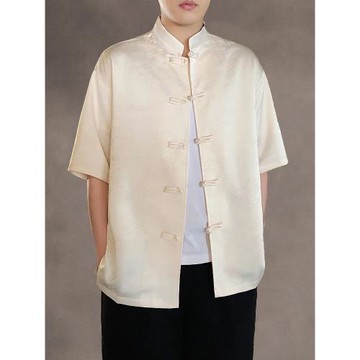 新中式復古休閑夏季薄款冰絲襯衫國風男唐裝半袖中國風短袖中山裝