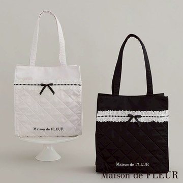 Maison de FLEUR 甜美荷葉褶邊蝴蝶結菱格紋方形手提袋(08001002800)