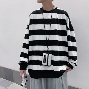 YLIE 大學ｔ 長袖上衣 男上衣 春秋季ins薄款拼色圓領條紋衛衣男高街簡約寬松情侶潮流百搭體恤