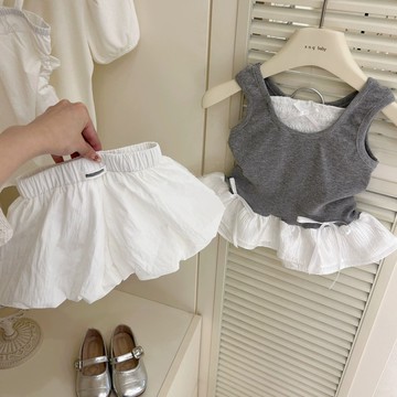 🎀biubiu童裝🎀童裝女童套裝夏季新款兒童花邊拚接背心花苞短褲甜美兩件套