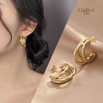 Gulicc 金色 多層次 幾何圓 耳環(飾品 耳飾 耳針 耳釘 耳環 生日禮物 雙11 聖誕節)