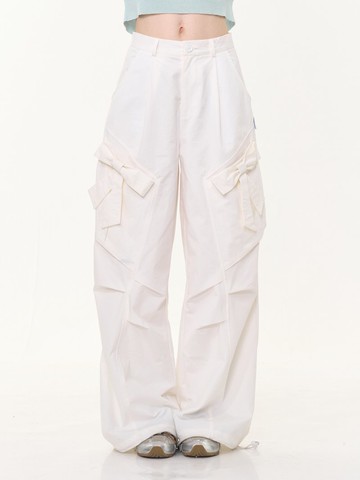 ziziFei夏季新款美式復古高腰顯瘦蝴蝶結白色直筒闊腿休閒長褲女