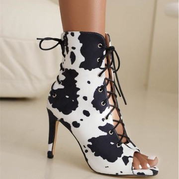 歐美風高跟魚嘴涼靴奶牛靴前后綁帶豹紋魚嘴鞋大碼44 45 46 47 48