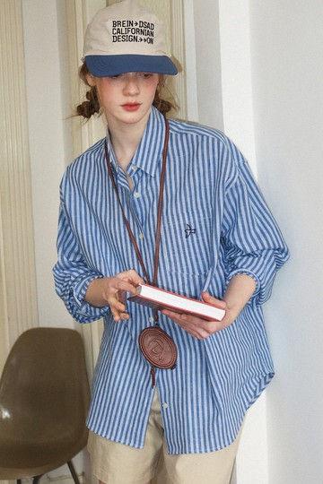 自由白鴿 復古亞麻棉條紋刺繡襯衫