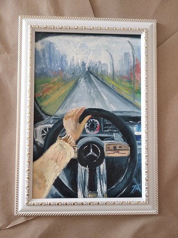 油畫。畫一輛車。送給心愛之人的禮物。油畫駕駛。