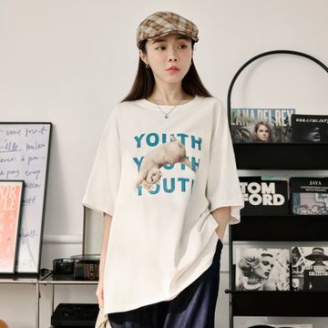 OB嚴選中大尺碼-純棉頑皮小貓印花寬鬆短袖上衣《AB20823》