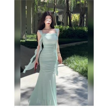 法式絕美綠色網紗吊帶連衣裙女夏季海邊度假氣質收腰包臀魚尾長裙