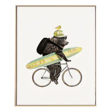 衝浪去  熊騎自行車圖畫與實木內框和PS進口外框  高密度背板  59.4 x 42cm  木色