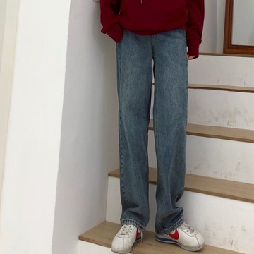 秋裝百搭高腰顯瘦寬松牛仔褲休閑水洗直筒褲拖地褲女1入