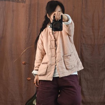 原創自制苧麻夾棉短款棉衣女傳統手工盤扣棉麻唐裝中式復古小棉襖