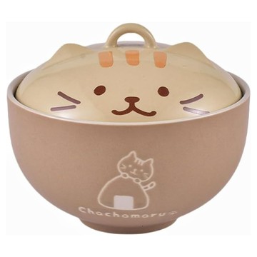 Mass 生活好物 日式貓咪陶瓷泡麵碗 附蓋 可微波湯碗/宵夜餐碗 550ml  1個  黃毛貓 淺咖色