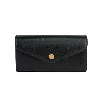 Gucci 大GG Logo 淡金釦翻蓋信封式長夾(黑色)