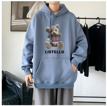 FINDSENSE X  男生小熊印花學生港仔寬鬆情侶連帽衛衣