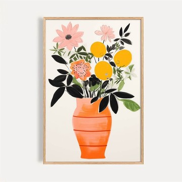 橘瓶檸檬 Lemon and Pink Blossoms in Orange Vase