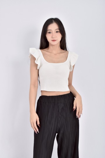 (S) 【艾玲私服】intrepide修身短版木耳邊袖白色短袖上衣