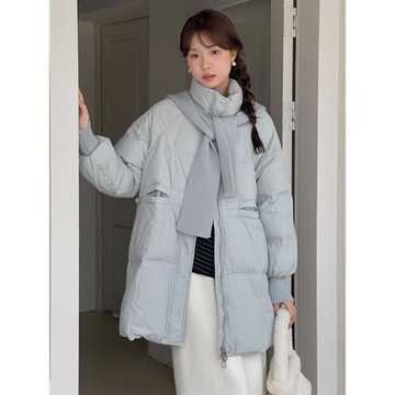 帶披肩羽絨服女中長款2024新款冬季韓版寬松收腰小個子面包服外套