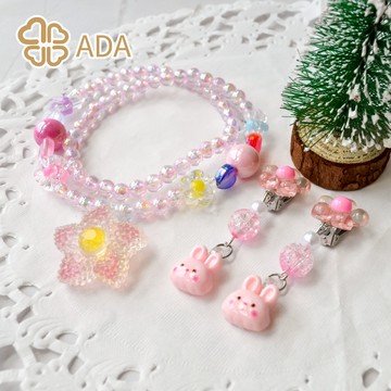 ADA 兒童粉色小花項鏈耳環套組