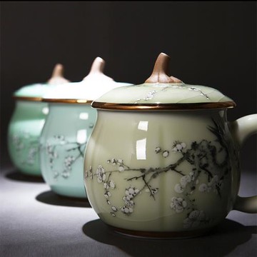 紅鑫黃金彩繪青瓷口杯水杯茶杯南瓜杯茶杯茶具辦公帶蓋茶杯