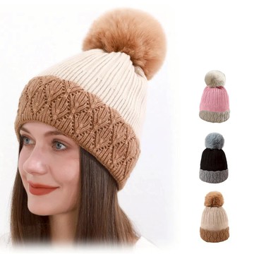 【A&R】秋冬可愛甜美粗針織拼接雙色毛球防寒帽-粉