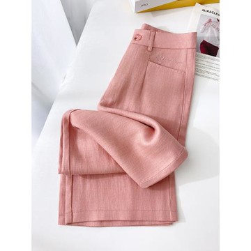 (免運)粉色八分天絲亞麻褲子女夏天薄款2025年新款高腰小個子冰絲闊腿褲