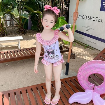 【臺灣-出貨】女童夏季連體泳衣兒童花邊泳裝女-泳衣女孩6到8歲游泳衣庫洛米