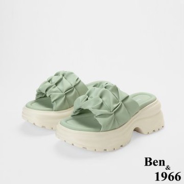 Ben&1966高級超纖皮革流行打皺厚底拖鞋-青瓷綠(256101)