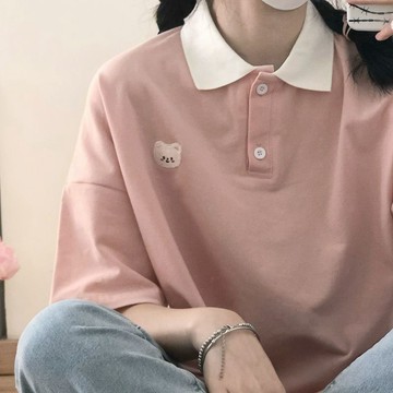 學院風上衣 T恤衫 上衣 短袖衫 刺繡夏季新款日系少女可愛拼色小熊刺繡寬鬆短袖polo衫翻領T恤女學院