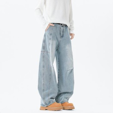 美式復古淺色打褶水洗彎刀褲男女潮牌ins寬松闊腿百搭拖地長褲子