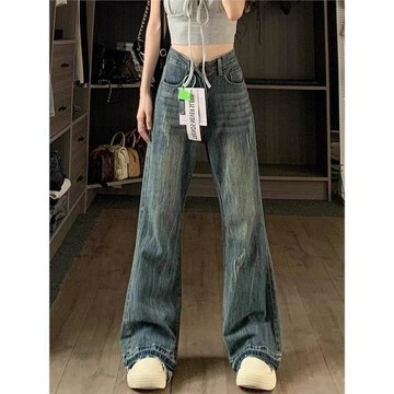 大碼美式復古微喇叭牛仔褲女春秋胖mm寬松顯瘦高腰直筒闊腿拖地褲