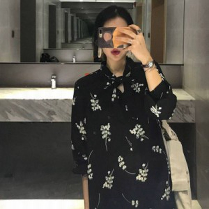 花柄 ワンピース きれいめワンピース シャツワンピース ワンピ 黒 ブラックドレス 花柄 ボウタイ 長袖 ゆったり 花柄のワンピース 韓国 通販 Lineポイント最大1 0 Get Lineショッピング