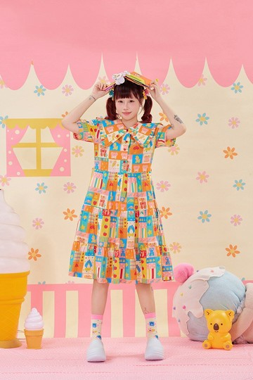 夏日物語彩色系娃娃領連衣裙 日系少女可愛可收腰