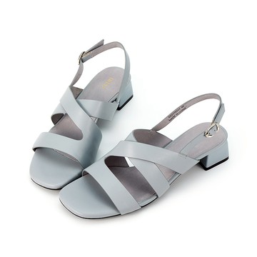 全真皮交叉鏤空線條後帶粗跟涼鞋 灰藍色