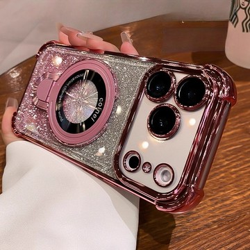 水鑽閃粉 自帶鏡頭膜 U盾磁吸支架 適用於 iPhone17 16 15 14 13 12 11 Promax 防摔殼