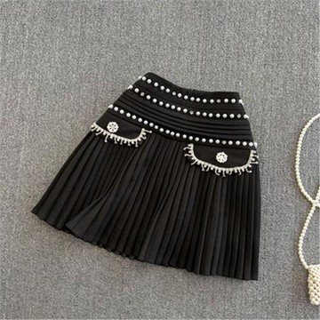 鑲鑽金絲絨高腰顯瘦半身裙(黑)