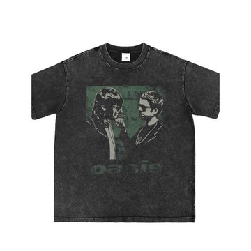 OASIS直噴水洗做舊綠洲樂隊復古灰美式街頭朋克搖滾寬松長短袖T恤