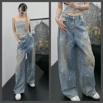 AKARA 韓版個性油漆水彩淺色寬管牛仔褲(牛仔日系風 森林風 文青風 親子風)