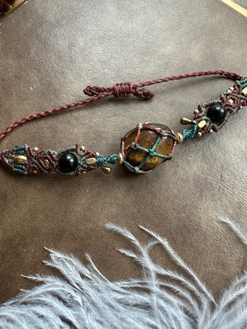 H364 民族風 森林系 蠟線編織 虎眼石 黑曜石珠 銅珠 手環