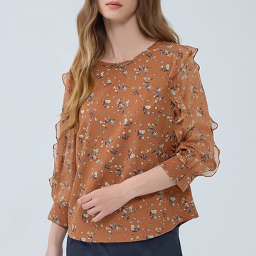 ILEY伊蕾 琥珀光芒滿版印花荷葉上衣(磚色；M-XL)1233081401