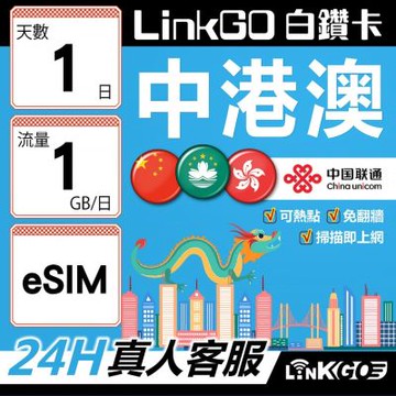 LINKGO白鑽卡 中港澳 eSIM卡 1天上網卡 每日1GB 高速流量 免翻牆可熱點(中港澳網卡 中國 大陸 香港 澳門 虛擬卡)