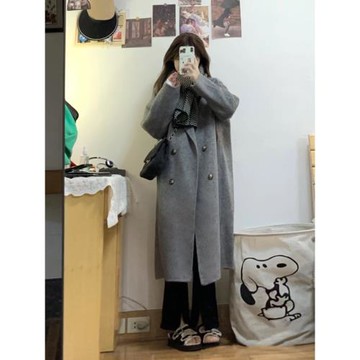 赫本風秋冬裝高級感小個子寬松顯瘦灰色毛呢外套呢子大衣女中長款