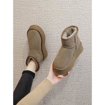 厚底雪地靴女2025新款松糕短靴皮毛一體增高短筒加絨加厚棉鞋冬