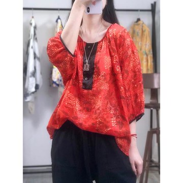 洛云謠夏季原創苧麻女裝新款圓領復古文藝印花寬松大碼麻料襯衫女