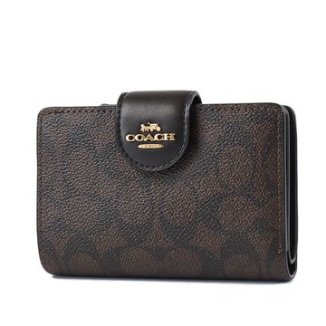 COACH 立體馬車緹花LOGO防刮釦式中夾-咖啡黑