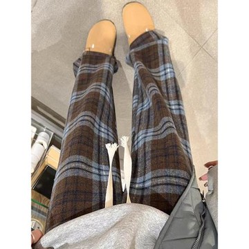 復古格子慵懶松弛感加絨毛呢褲子女秋冬季寬松高腰直筒窄版闊腿褲